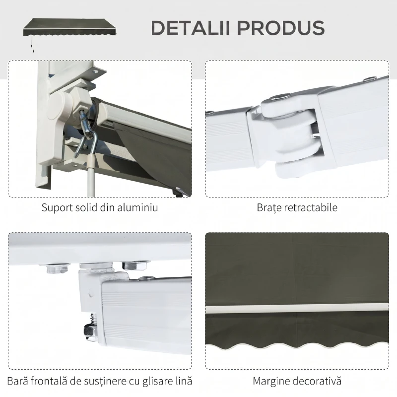 Outsunny Copertină Retractabilă de Exterior cu Brațe și Deschidere Manuală, 350x250 cm, Gri