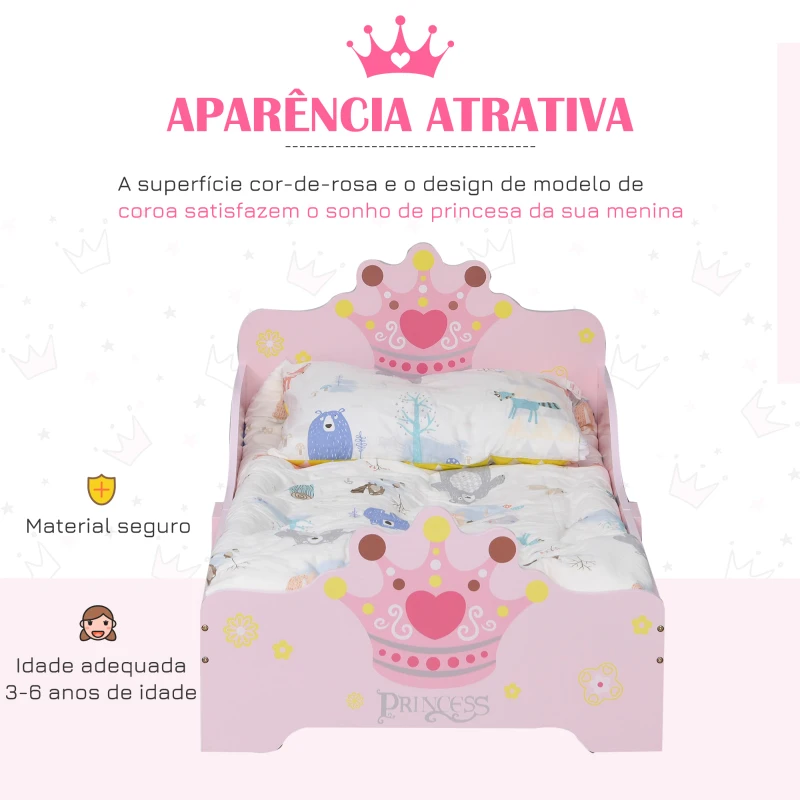 HOMCOM Cama Infantil +3 Anos 143x73x60 cm com Estampado Coroa Carga 50 kg para Quarto Rosa