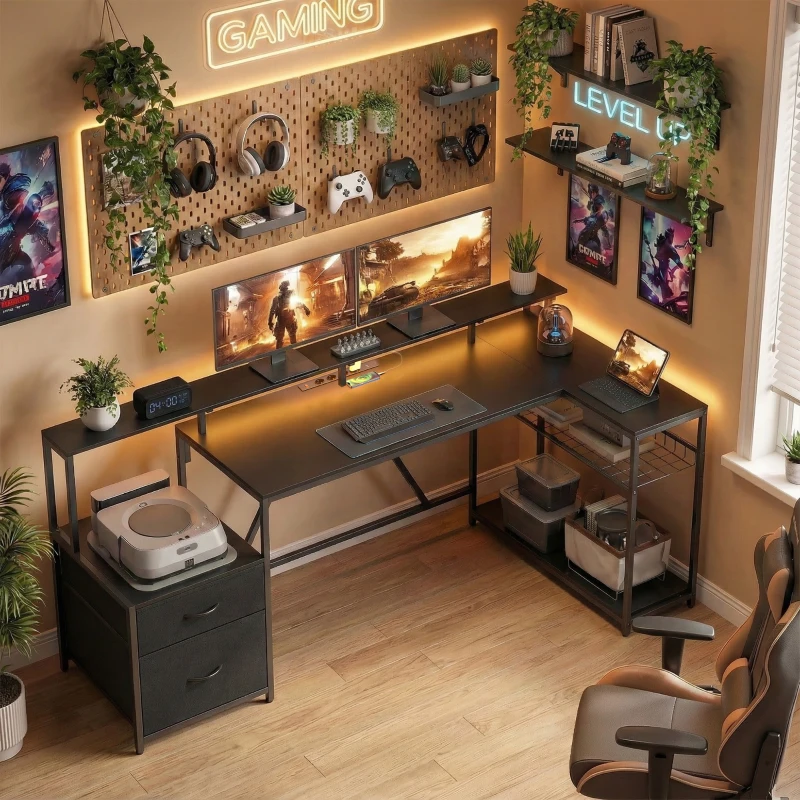 HOMCOM Scrivania Gaming Angolare con Hub di Ricarica, Luci LED e Supporto Monitor, in Legno e Acciaio, 192.5x80x86.5 cm, Nero