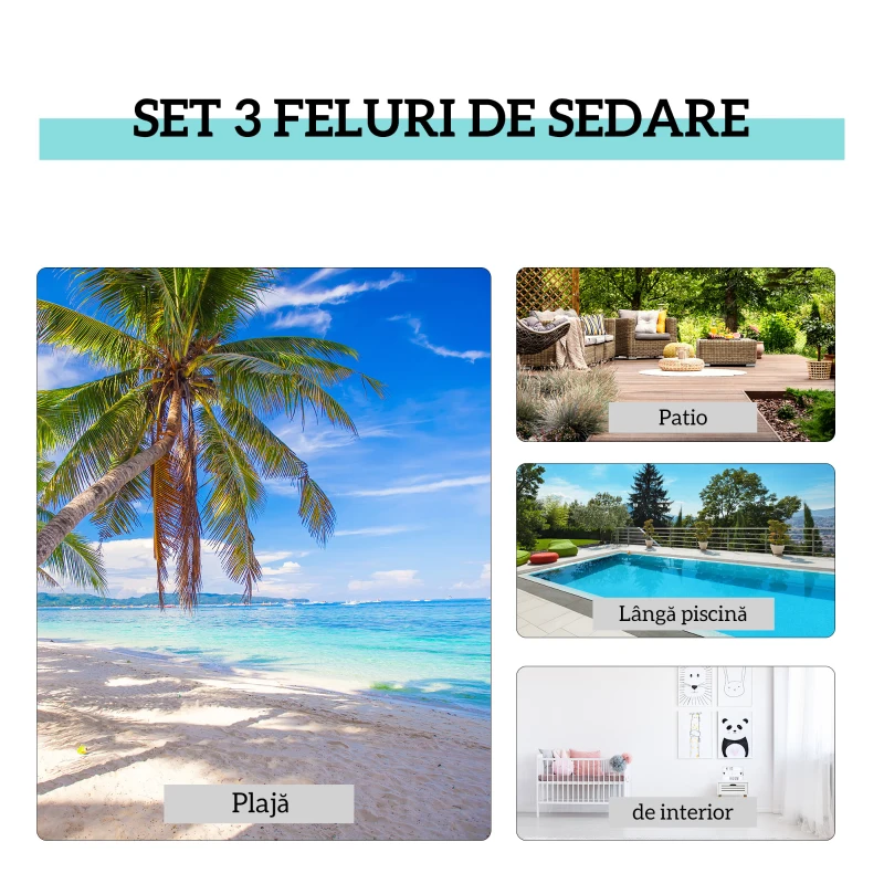 Outsunny Set de 2 Șezlonguri și Măsuță cu Blat din Sticlă, 59x169x66 cm, Crem
