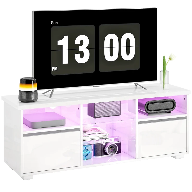 HOMCOM Meuble TV 120 cm, meuble télé pour téléviseur jusqu'à 55 pouces éclairage LED et télécommande étagères en verre blanc