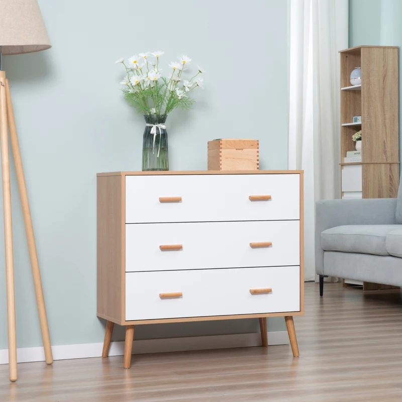 HOMCOM Cassettiera 3 Cassetti Rialzata per Soggiorno e Camera da Letto, in Legno, 80x39x80 cm, Bianco e color Legno