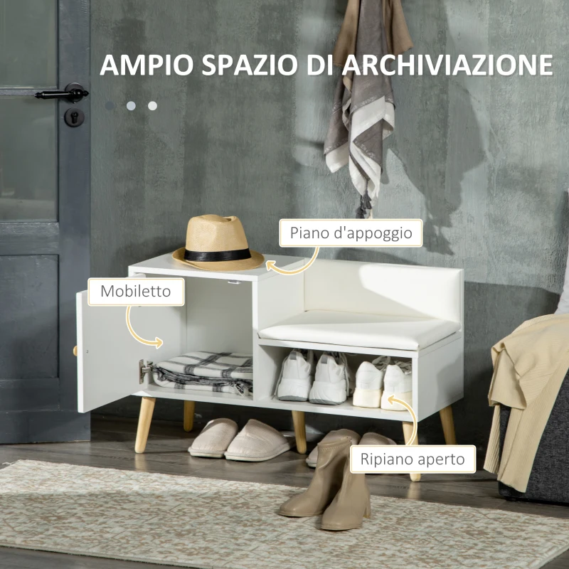 HOMCOM Scarpiera da Ingresso con Seduta Imbottita e Armadietto per 4 Paia di Scarpe, 80x33x49cm, Bianco
