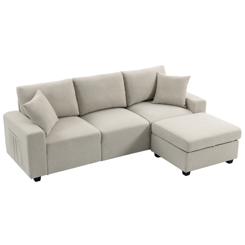 HOMCOM Divano Angolare 3 Posti in Tessuto Effetto Lino con Contenitore Poggiapiedi Rimovibile, 2 Cuscini, Beige