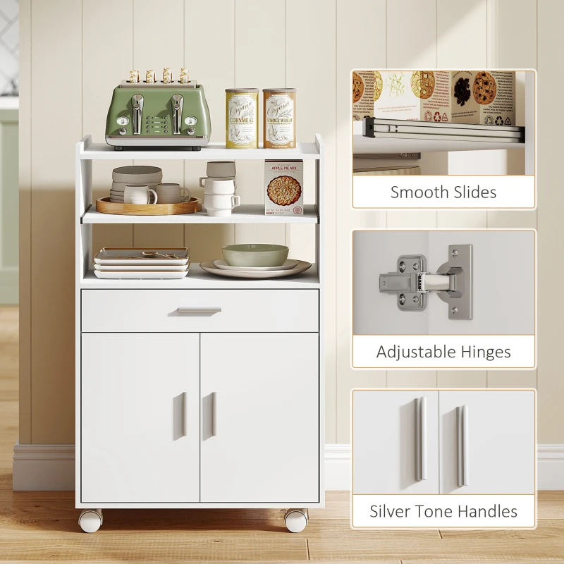 HOMCOM Kitchen Trolley with Wheels, Modern Mobile Microwave Stand with Slide-Out Shelf, Drawer and 2 Doors for Dining Room