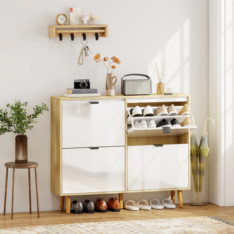 HOMCOM Sapateira Estreita com 4 Portas em Branco Brilho Prateleiras Ajustáveis Pernas de Madeira para 20 Pares de Sapatos 105x24x92,5 cm