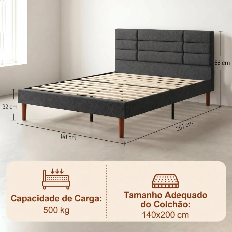 HOMCOM Cama Estofada 140x200 cm com Cabeceira Almofadada, Estrado de Ripas e Espaço Livre Inferior, Cinzento