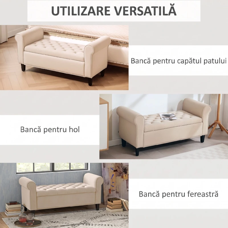HOMCOM Bancă Dormitor cu Compartiment de Depozitare și Cotiere Rulate, 126x48.5x57 cm, Bej