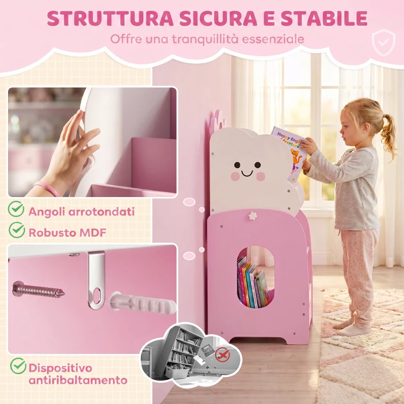 AIYAPLAY Mobile per Bambini in Legno con Portariviste, Libreria a 3 Livelli e Comodino, 85.5x32x72 cm, Rosa e Bianco