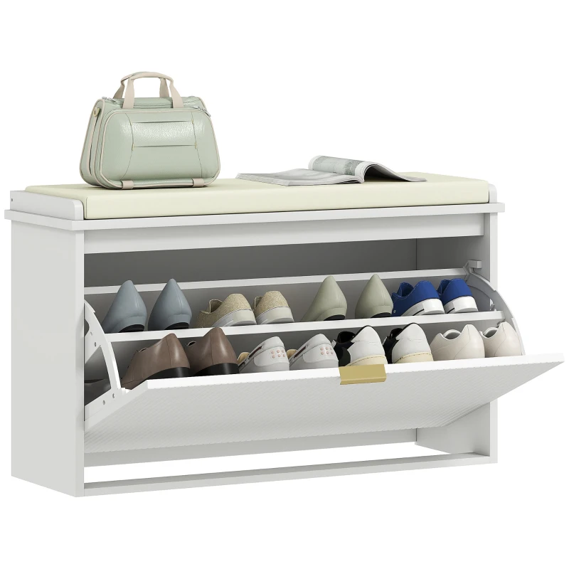 HOMCOM Banc à chaussures avec coussin d'assise rembourré et tiroir rabattable pour couloir, chambre, 80 x 26 x 47,5 cm, blanc