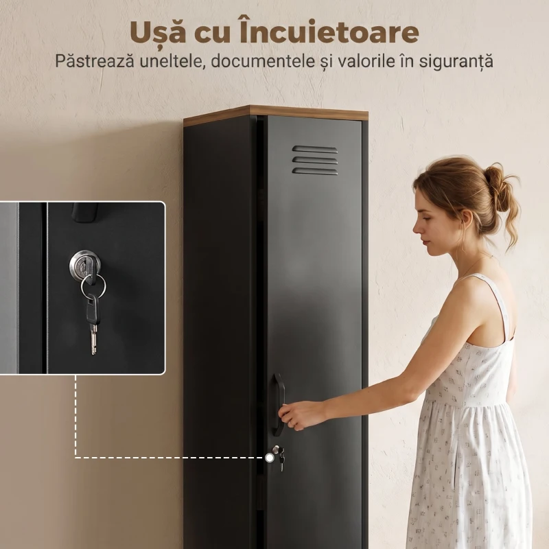 HOMCOM Dulap Metalic cu Rafturi Reglabile, pentru Dormitor, Garaj și Birou, Negru