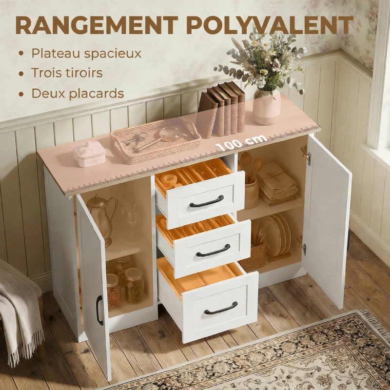 HOMCOM Buffet salon, meuble de rangement avec 2 portes à fermeture douce et 3 tiroirs, 110x35x80,4cm, blanc et bois naturel