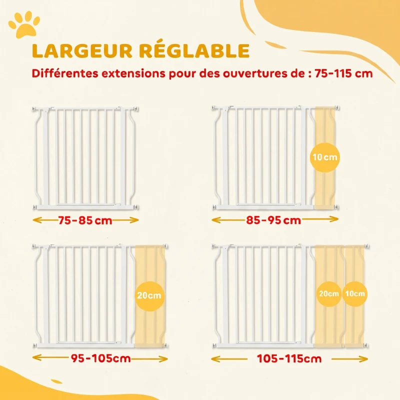 PawHut Barrière de sécurité barrière pour animal domestique longueur réglable dim. 75-115L x 76H cm blanc