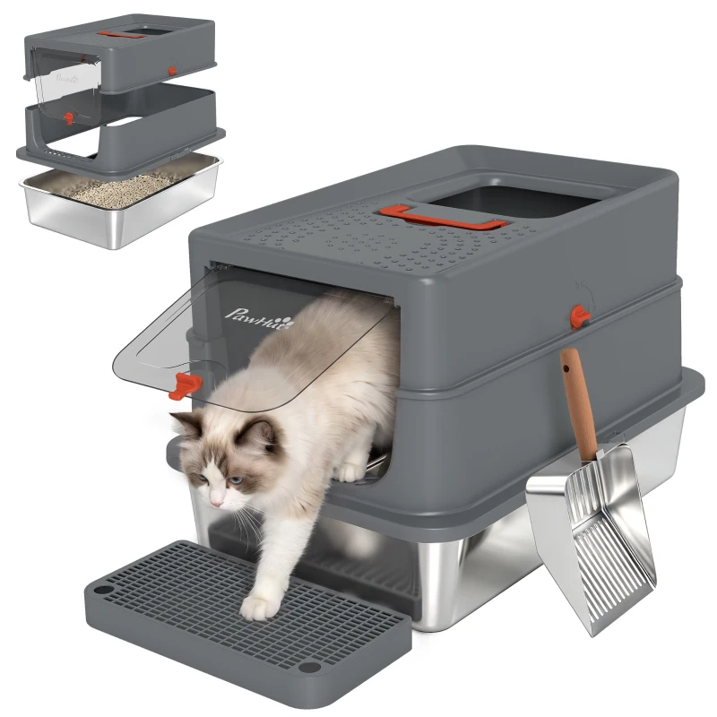 PawHut Stainless Steel Cat Litter Tray with Lid, XL 90L Enclosed Cat Litter Box with Step, Scoop, High Side, Dark Grey