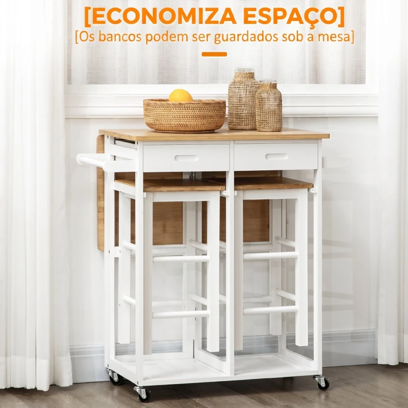 HOMCOM Conjunto de Mesa Alta de Bar e 2 Bancos com Rodas Mesa Dobrável de Cozinha com Bancos 86x75,5x83,5 cm Natural