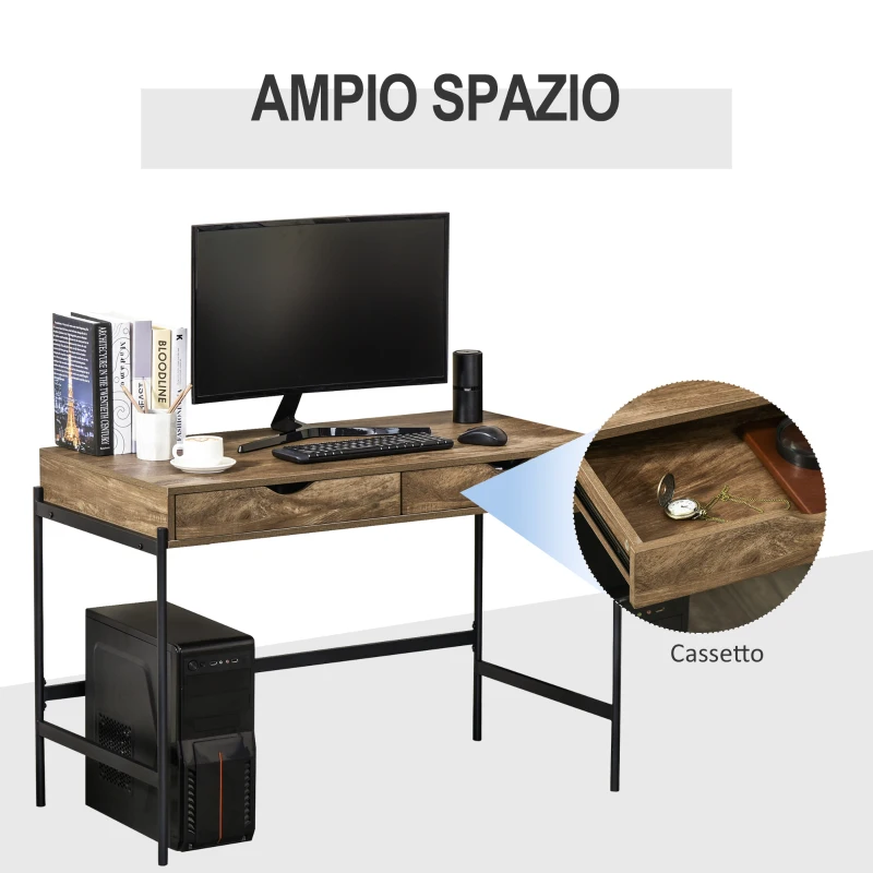 HOMCOM Scrivania Moderna Stile Industriale con 2 Cassetti per Camera e Ufficio, Metallo e MDF, 110x55x75cm, Nero Marrone