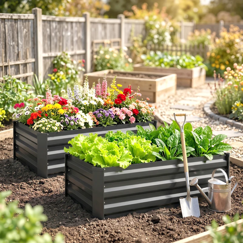 Outsunny Set of Two 100 x 60cm Steel Planter Boxes - Grey