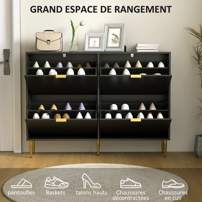 HOMCOM Meuble à chaussures 20 paires avec 4 tiroirs rabattables, portes cannelées et étagères réglables, 105x24x91,5cm, noir