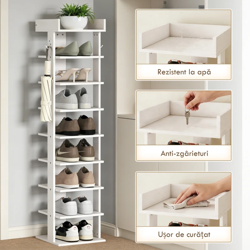 HOMCOM Suport pentru Pantofi cu 9 Rafturi și 2 Cârlige, 30x30x128,4 cm, Alb