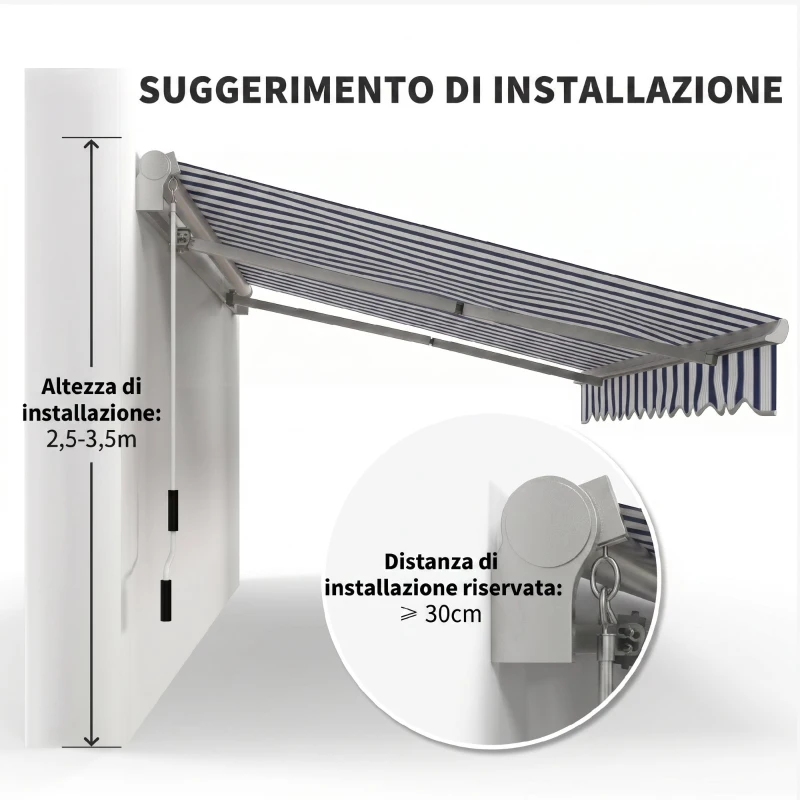 Outsunny Tenda Parasole per Esterno Estensibile in Alluminio e Poliestere con Manovella, 395x245 cm, Blu e Bianca