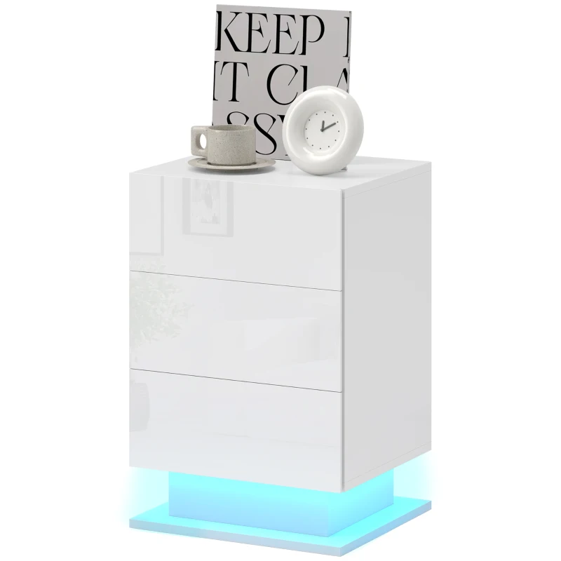 HOMCOM Mesa de Cabeceira com Faixa de Luz LED Multicolor Mesa Auxiliar com 3 Gavetas Estilo Moderno 40x35x60 cm Branco Brilhante