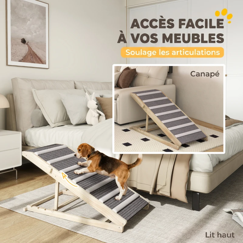 PawHut Rampe pour Chien en Bois avec Tapis Antidérapants, 4 Hauteurs Réglables de 35-50 cm, 100x50x50cm, Bois Naturel et Gris
