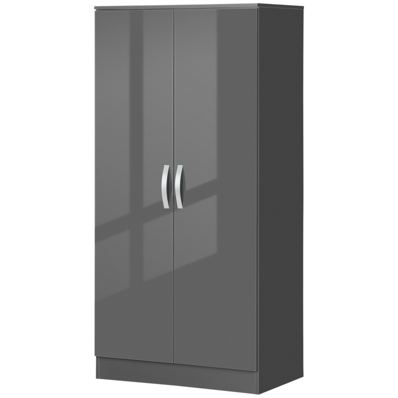 HOMCOM High Gloss Wardrobe, 2 Door Wardrobe with Hanging Rod and Storage Shelf, Clothes Storage Organizer with Anti-tipping Design for Bedroom, Grey