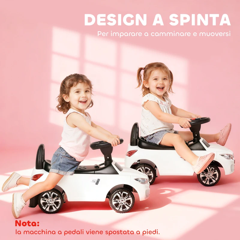 HOMCOM Macchinina per Bambini Cavalcabile con Volante, Fari e Musiche, Età 18-36 Mesi, Bianco