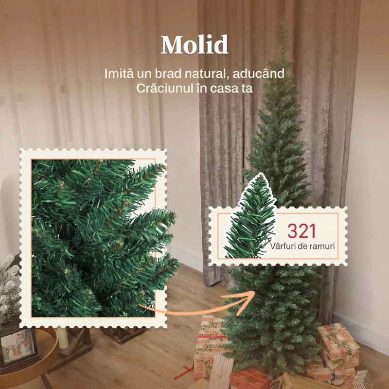 HOMCOM Brad de Crăciun artificial slim 180 cm cu 321 de ramuri, aspect de brad, cu bază din plastic, verde