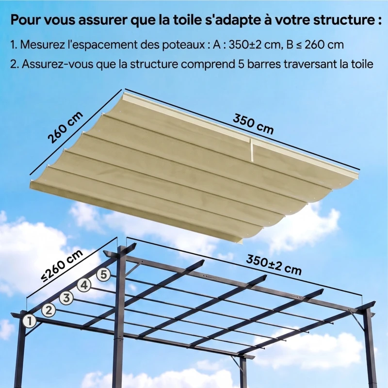 Outsunny Toile de toit pour pergola tonnelle rétractable de 4 x 3 m - toile uniquement 350 x 260 cm beige
