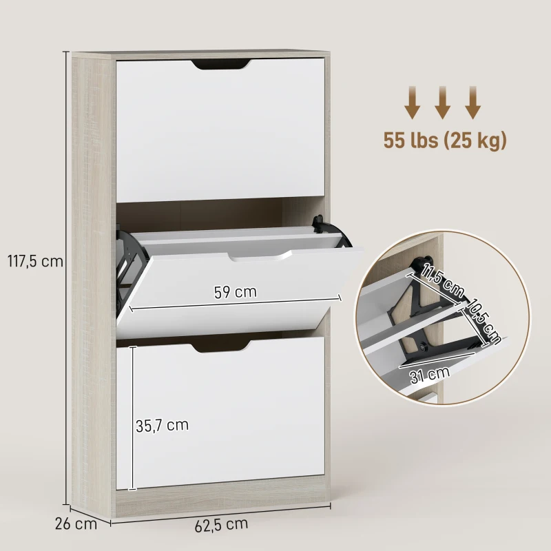 HOMCOM Meuble à chaussures 12 paires, armoire à chaussures étroite, 3 tiroirs rabattables, chêneet blanc