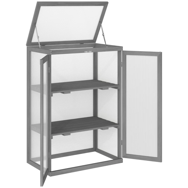 Outsunny 3-tier Cold Frame with Openable Top Cover and Double Doors, Garden Wooden Greenhouse with Storage Shelf, Polycarbonate Grow House for Plants, Flowers, Dark Grey