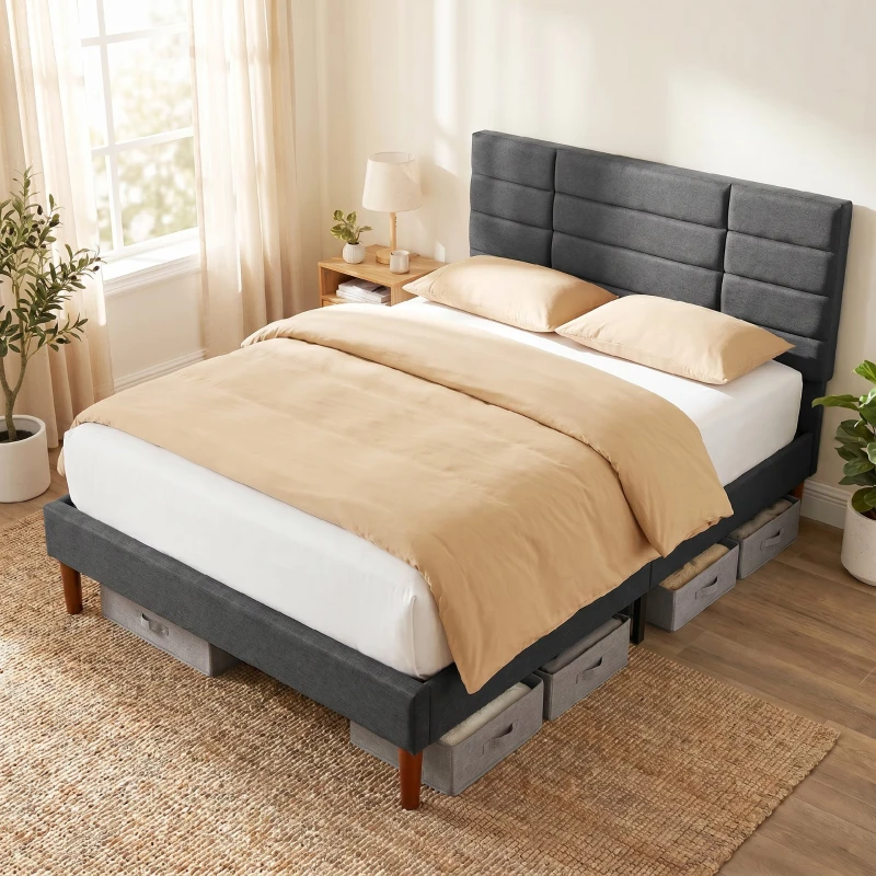 HOMCOM Cadre de Lit 140 x 200 cm avec Sommier Bois, Lit Double Rembourré en Effet Lin, Rangement au-dessous, Sans Bruit, Gris