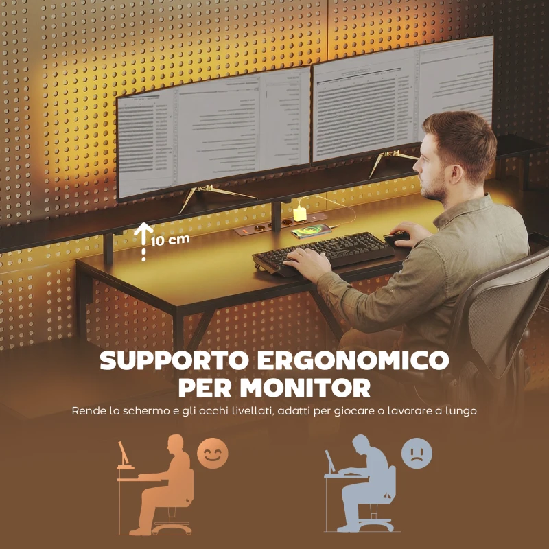 HOMCOM Scrivania Gaming Angolare con Hub di Ricarica, Luci LED e Supporto Monitor, in Legno e Acciaio, 192.5x80x86.5 cm, Nero