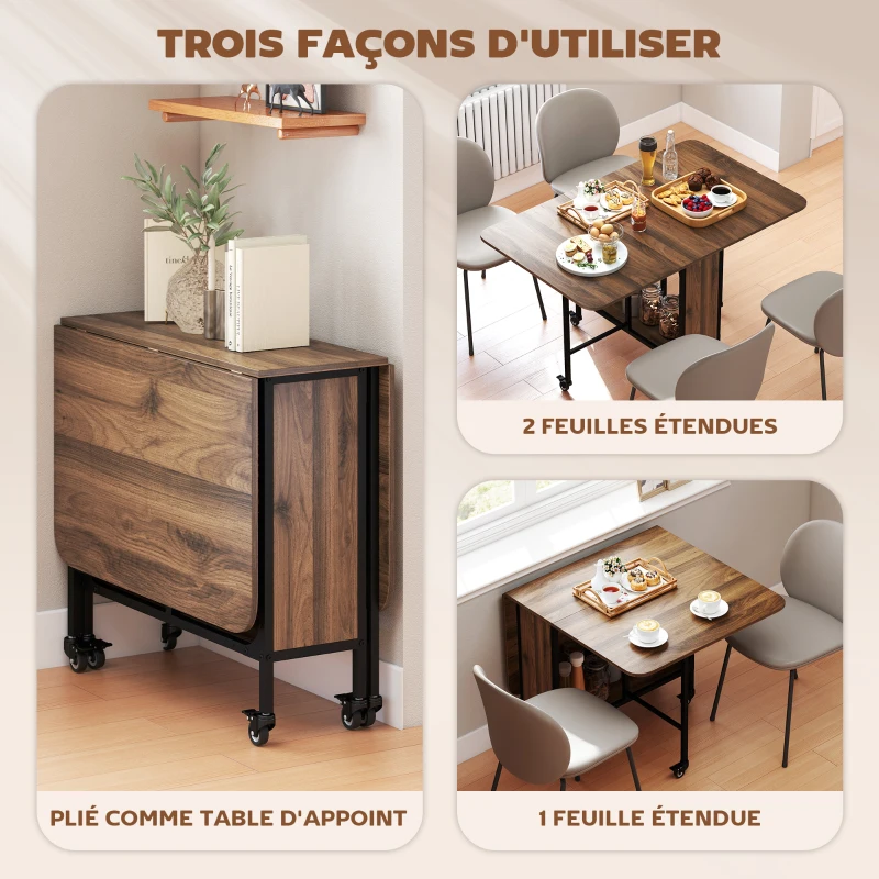 HOMCOM Table à manger pliante sur roulettes, table de cuisine pour 6 personnes avec étagère intégrée, 130 x 80 x 74 cm, marron