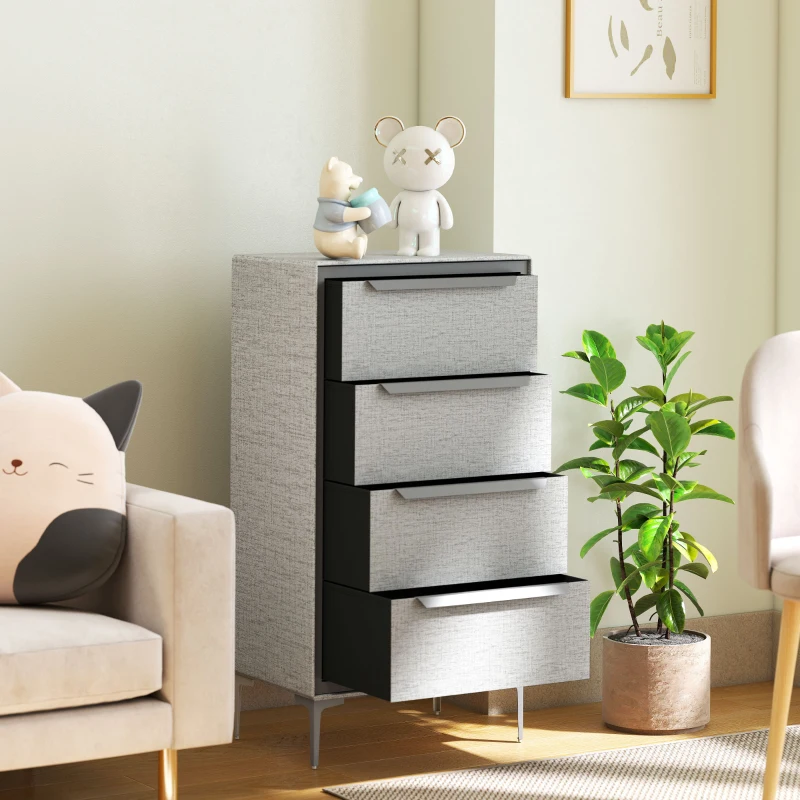 HOMCOM Comodă cu 4 Sertare din Oțel, Acoperită cu Material Textil cu Aspect de In, 60x36x88 cm, Gri