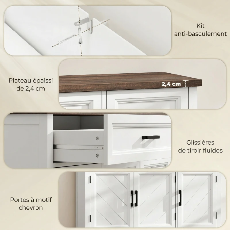 HOMCOM Buffet salon, meuble de rangement avec 3 portes en chevron, 2 tiroirs et 2 étagères réglables, 110 x 35 x 80,5 cm, blanc