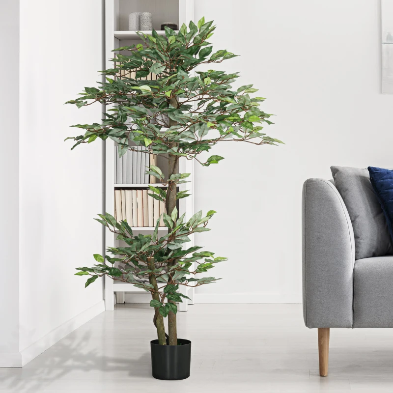 Outsunny Planta Artificial Ficus 150 cm Planta Artificial com 1008 Folhas Musgo e Vaso para Exterior Casa Sala de Estar Escritório Verde