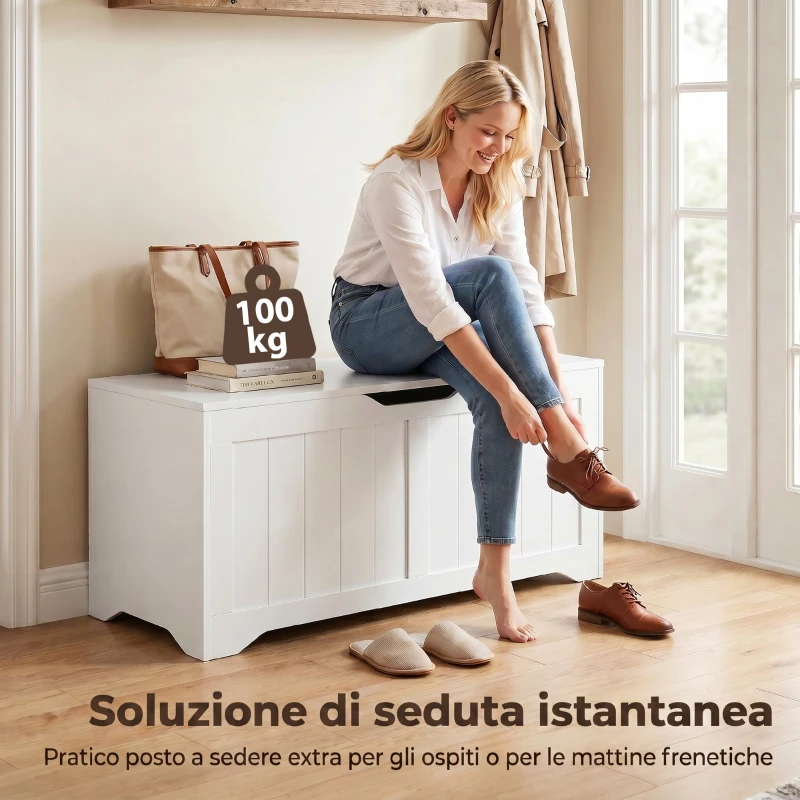 HOMCOM Panca Contenitore con Apertura a Ribalta e Cerniere di Sicurezza, 80x40x45 cm, Bianco