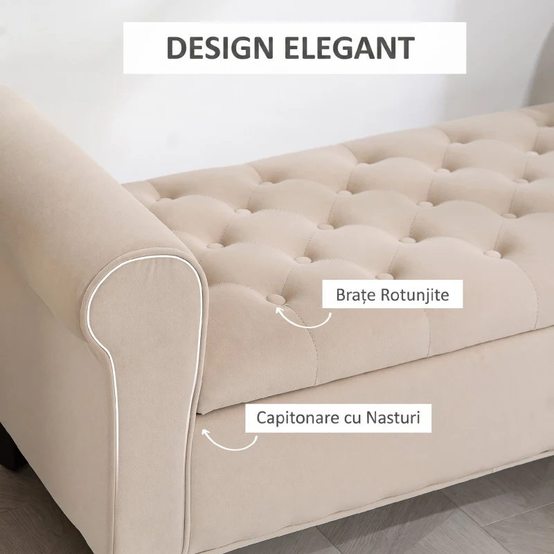 HOMCOM Bancă Dormitor cu Compartiment de Depozitare și Cotiere Rulate, 126x48.5x57 cm, Bej