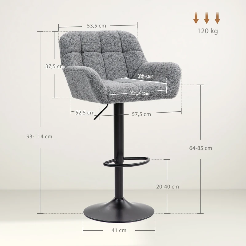 HOMCOM Barkrukken Set van 2 in Retro-Design, verstelbaar, Fleece-look, Grijs + Zwart(m-3)