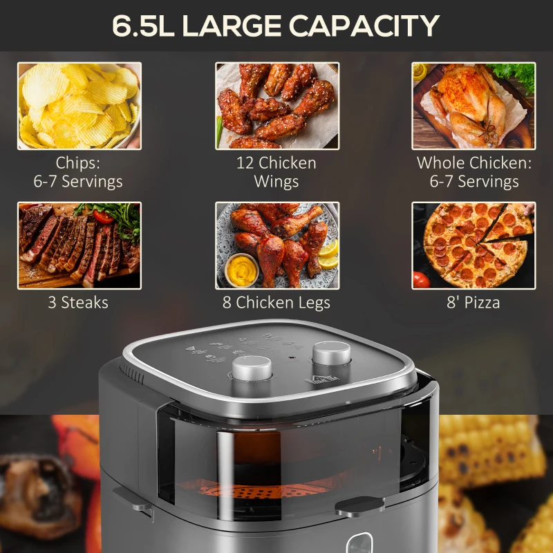 HOMCOM 6.5L Family Size Air Fryer Oven with Rapid Air Circulation and Recipes, Airfryer for Oil Free with Adjustable Temperature, 60-Minute Timer and Non-stick Basket, 1350W, Grey