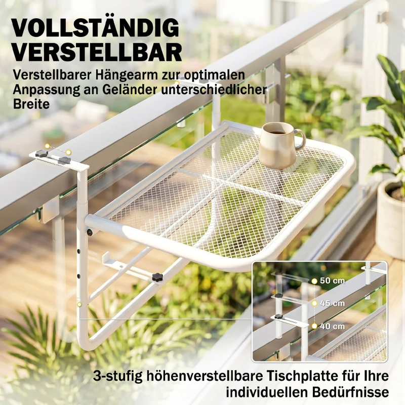 Outsunny Balkonhängetisch 3-fach höhenverstellbarer Hängetisch aus Metall wetterfest Balkontisch Beistelltisch für Balkongeländer Terrassengeländer Tisch zum Einhängen 60 x 56 cm, Weiß