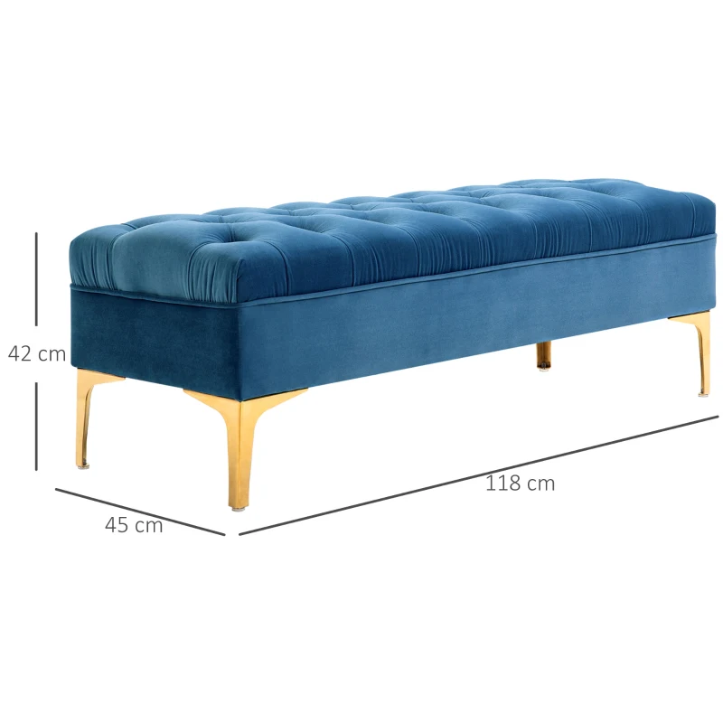 HOMCOM Panca Imbottita Fondoletto in Tessuto Vellutato e Base in Metallo Dorato, 118x45x42 cm, Blu