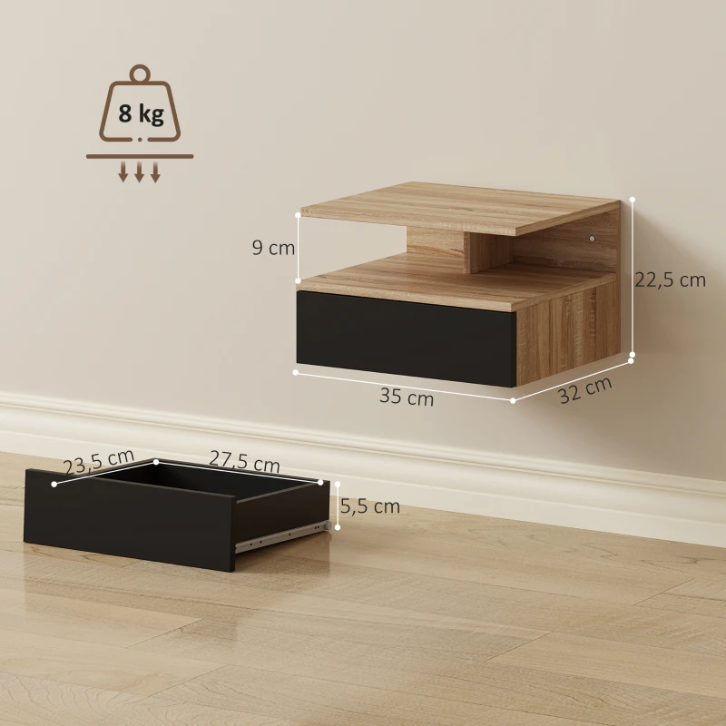 HOMCOM Conjunto de 2 Mesas de Cabeceira Suspensas com Gaveta Montadas na Parede 35x32x22,5 cm Carvalho e Preto