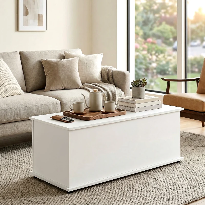 HOMCOM Baú de Armazenamento, Banco de Armazenamento com Dobradiça de Segurança, Estilo Moderno, para Entrada, Quarto, Sala de Estar, 100x40x40 cm, Branco