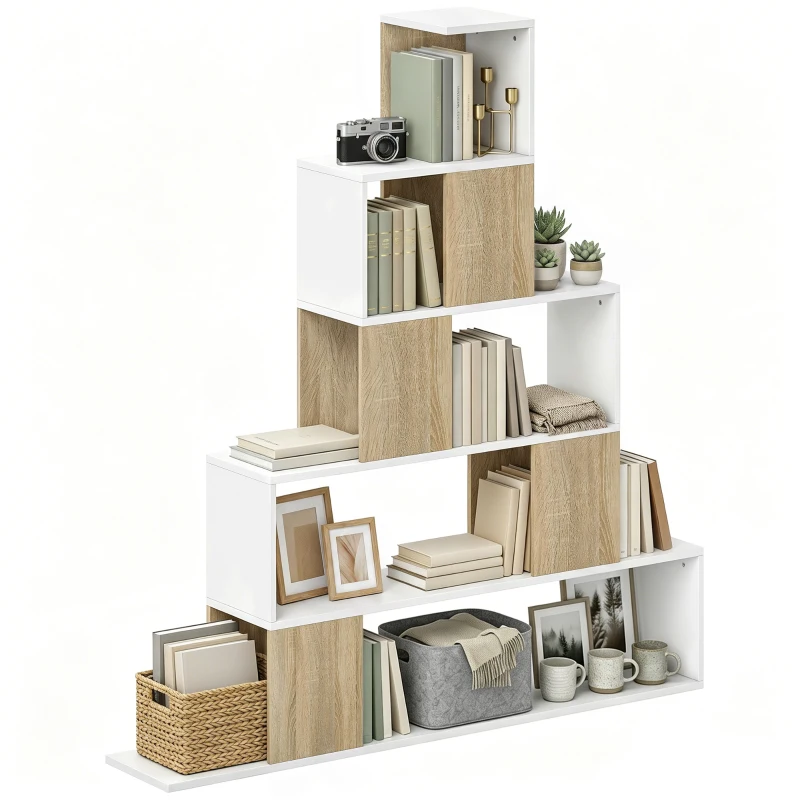 HOMCOM Étagère de rangement, bibliothèque géométrique à 5 niveaux, pour bureau, salon, chambre, blanc et bois naturel