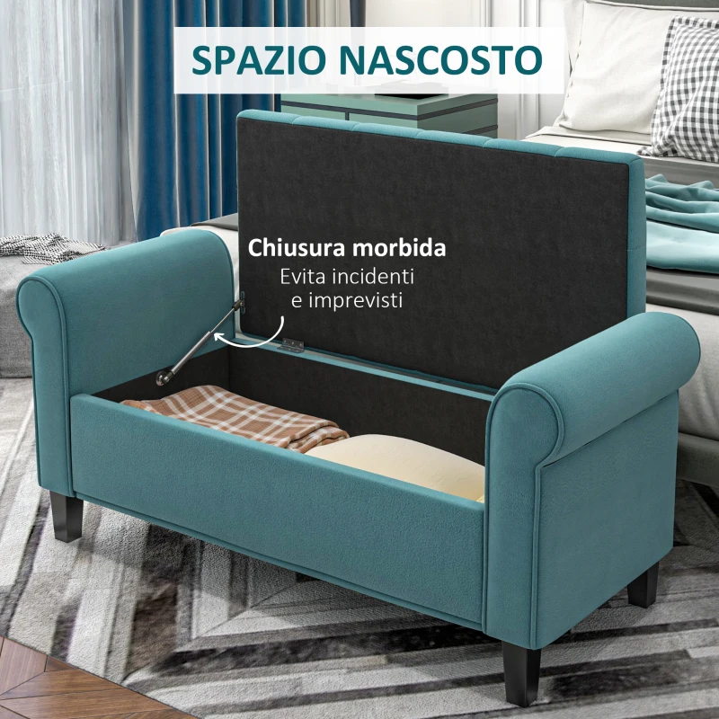 HOMCOM Panca Fondo Letto in Tessuto Vellutato con Vano Contenitore e Braccioli, 126x48.5x57 cm, Verde