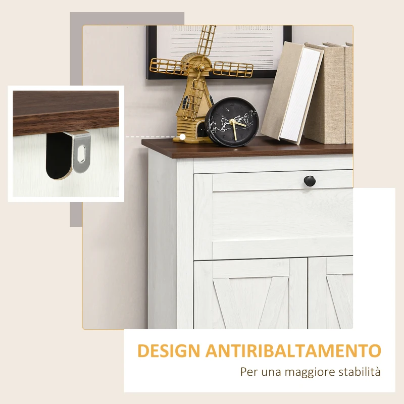 HOMCOM Credenza Bassa da Cucina in Stile Rustico con Cassetto e Armadietto con Ripiano Regolabile, Bianco