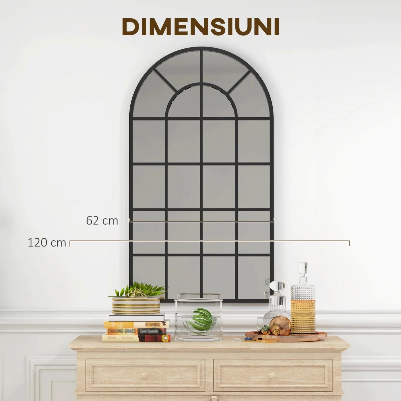 HOMCOM Oglindă Arcuiră pentru Casă și Birou cu Montaj pe Perete, din Sticlă și Metal, 62x2.5x110 cm, Negru